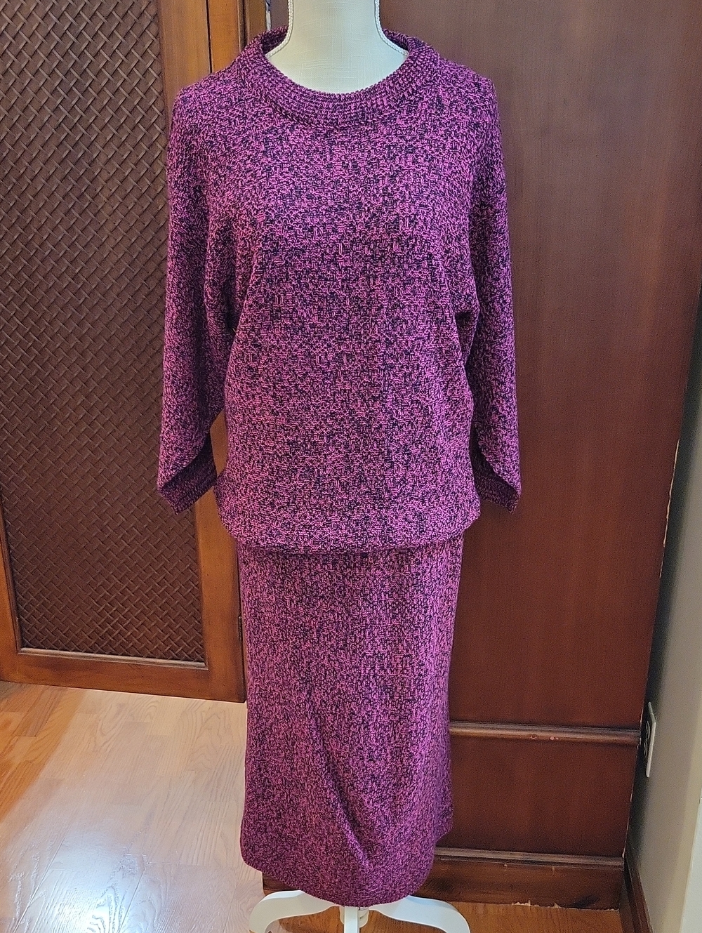 Helen Sue | Women's Vintage Two-Piece Knit Sweater & Skirt Set in Magenta Black